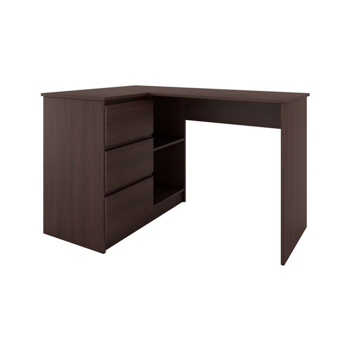 SUNDAR | Bureau informatique d'angle moderne 124x85x77 | 3 tiroirs + 2 grandes niches | Table ordinateur multi-rangements | Wenge