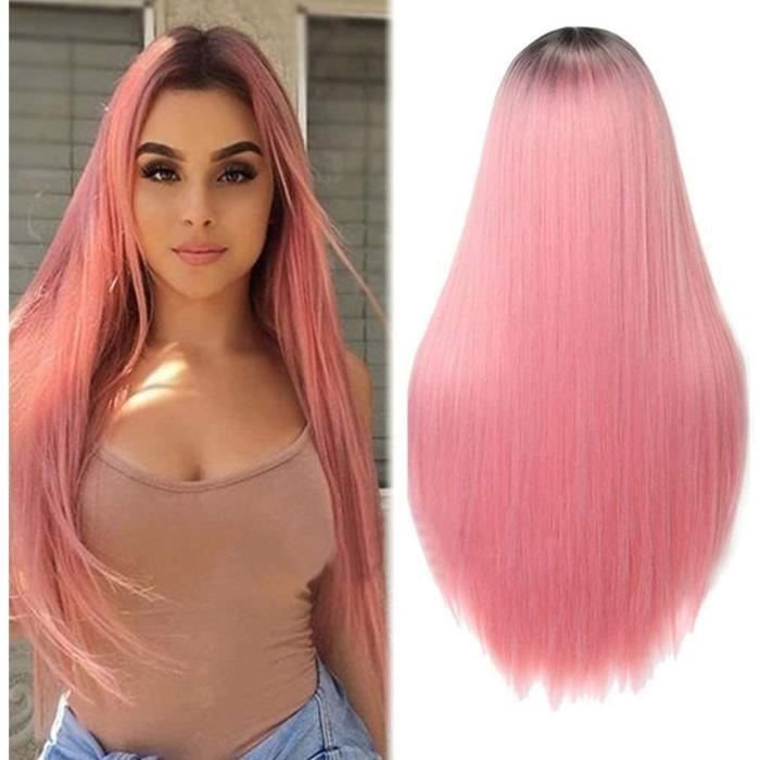 ATAYOU®Perruque Ombre Rose 24 Pouces Longue Ligne Droite Sombre Racines Perruques Synthétiques Ombre Rose pour Cosplay Halloween Carnaval 