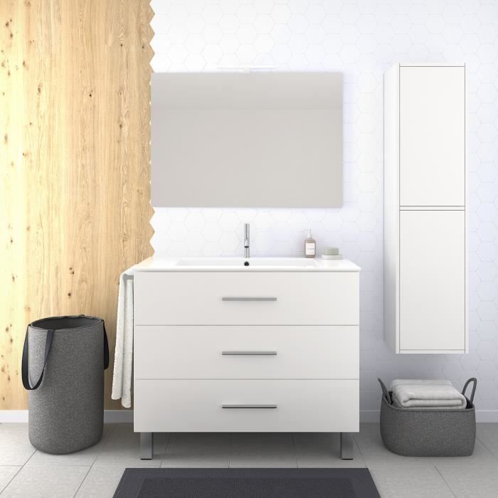 Meuble De Salle De Bain Avec Lavabo Et Miroir Lumiere Led Blanc Avec Colonne90cm Cdiscount Maison