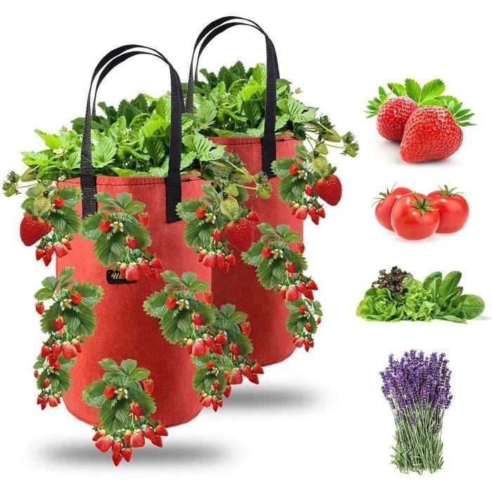 Lot De 2 Sacs De Culture Pour Fraises De 37,5 Litres Avec 8 Poches Laterales En Tissu Non Tisse Respirant Avec Poignee Renforcee Noir 35 45cm 98822575