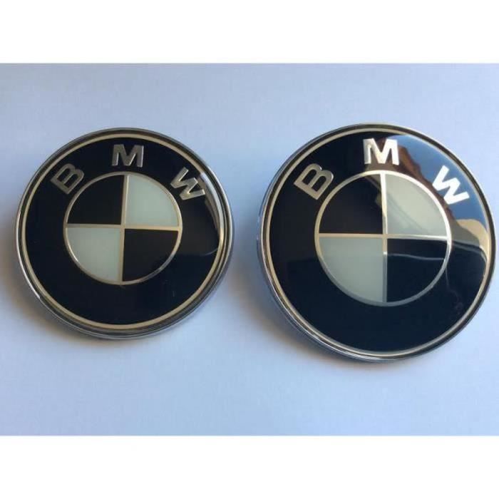 2 X LOGO EMBLEME BMW NOIR - BLANC STANDARD 1 X 74MM + 1X 82 MM DE DIAMETRE POUR CAPOT ET COFFRE