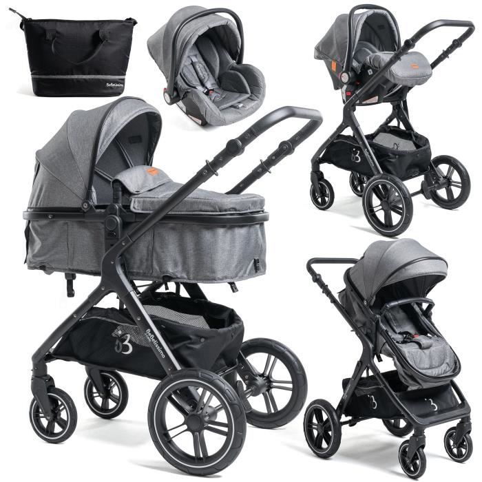 BEBELISSIMO - Poussette combinée trio 3 en 1 - siège auto 0m – nacelle – dès la naissance – jusqu’à 22kg – Premium -  gris