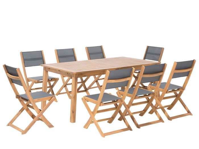 Ensemble De Jardin En Bois 8 Places Avec Chaises En Tissu Gris
