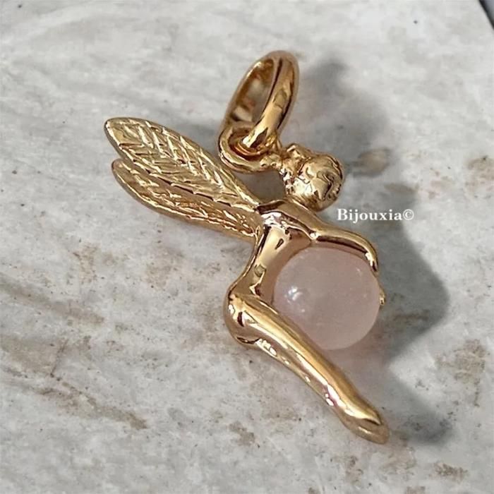 Pendentif - Bijouxia - Fée - Plaqué Or 18 Carats - Boule Quartz Rose - 17 mm