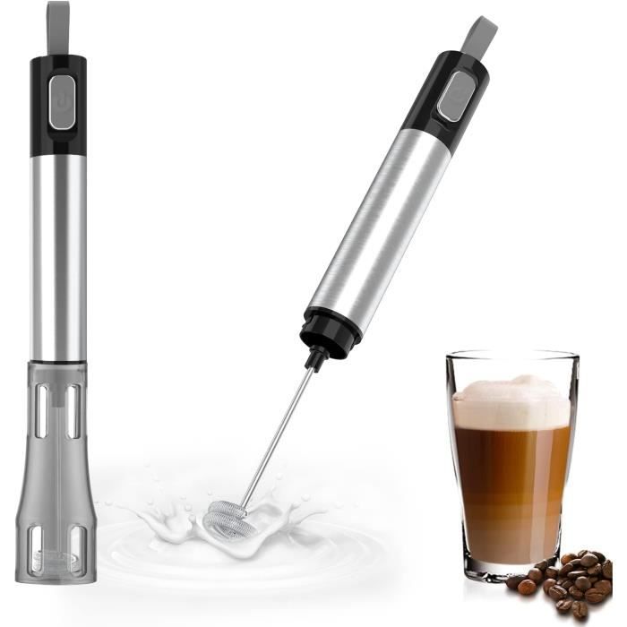 PowerLix Mousseur à lait électrique portatif à piles pour café, latte, cappuccino, chocolat chaud, mélangeur durable avec fouet en acier inoxydable, support en acier inoxydable inclus (argent
