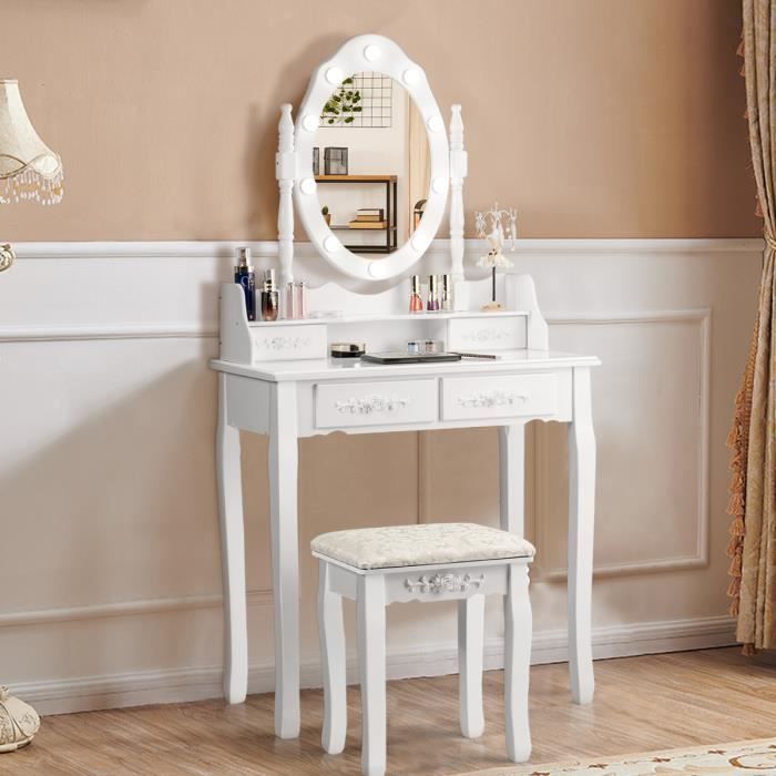 COSTWAY CoiffeuseTable de Maquillage avec Miroir Oval et 10 Ampoules LED à Intensité Variable 4 Tiroirs 1 Tabouret Blanche