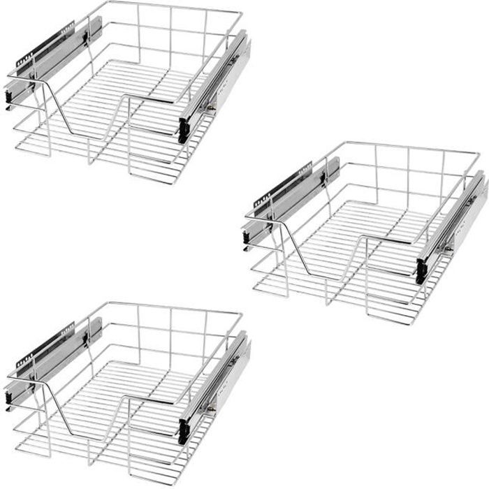 deuba set de 3 tiroir de rangement télescopique en métal chromé tiroir de cuisine rangement armoire largeur meuble 40 cm