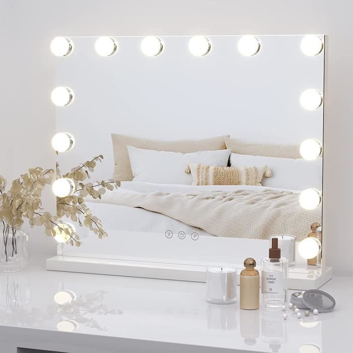 Dripex Miroir Maquillage Hollywood Lumineux 50 x 42 cm 14 Ampoules LED 3 Modes Réglables Contrôle Tactile - Blanc