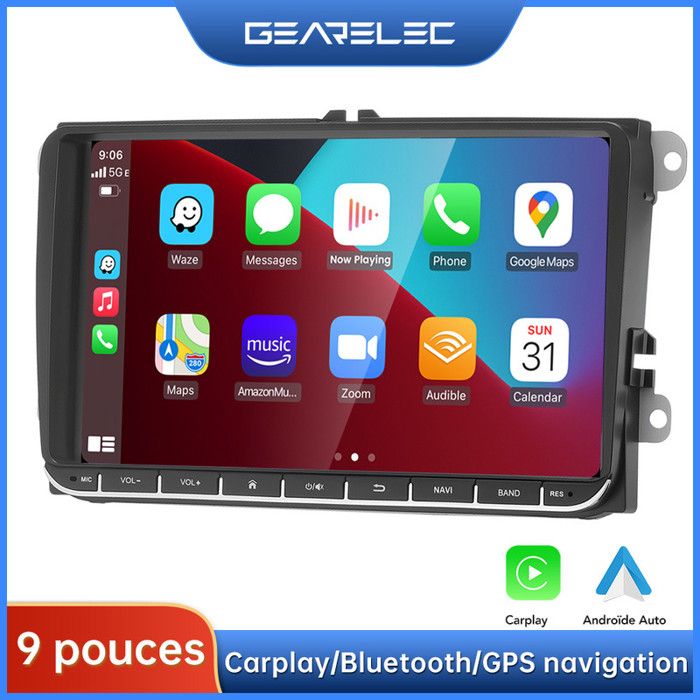 GEARELEC Autoradio 9 pouces Pour VW avec CarPlay Android Auto Navigation GPS WiFi Bluetooth FM Radio 1+32GO