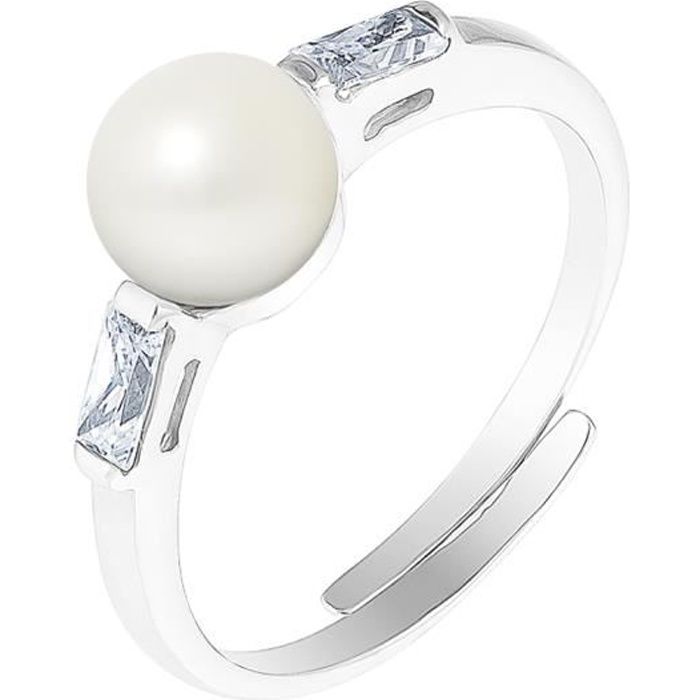 PERLINEA - Bague Véritable Perle de Culture d'Eau Douce Bouton 6-7 mm Blanc Naturel - Taille Réglable - Argent 925 - Bijou Femme