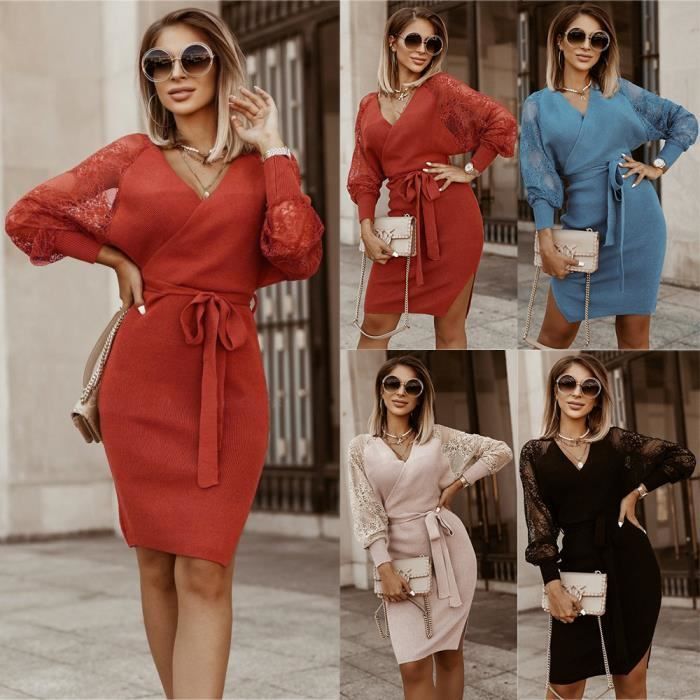 Robe Pull Femme Elegant Robe Tricote Col V Manche Longue Casual Robe Automne Hiver Tunique Chic RobeCourte Robe Moulante Rouge Rouge Cdiscount Pret a Porter