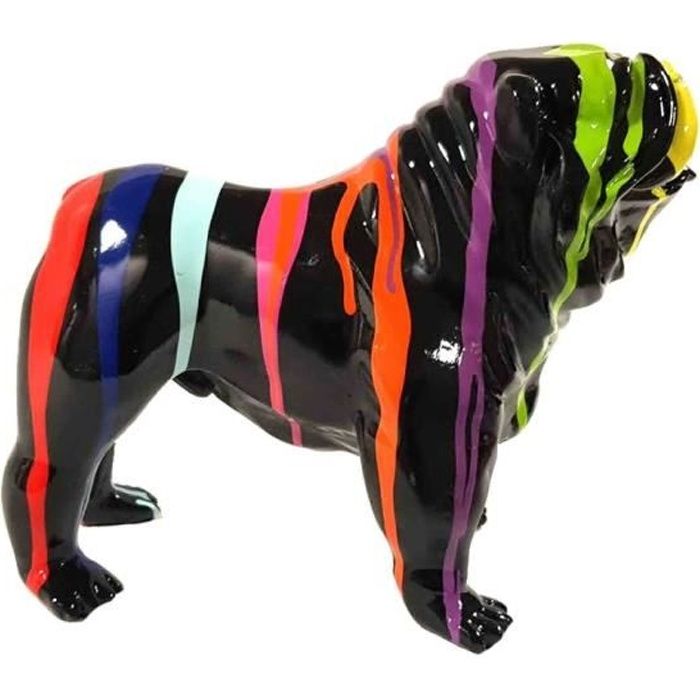 Statue en résine CHIEN bouledogue anglais assis multicolore fond blanc