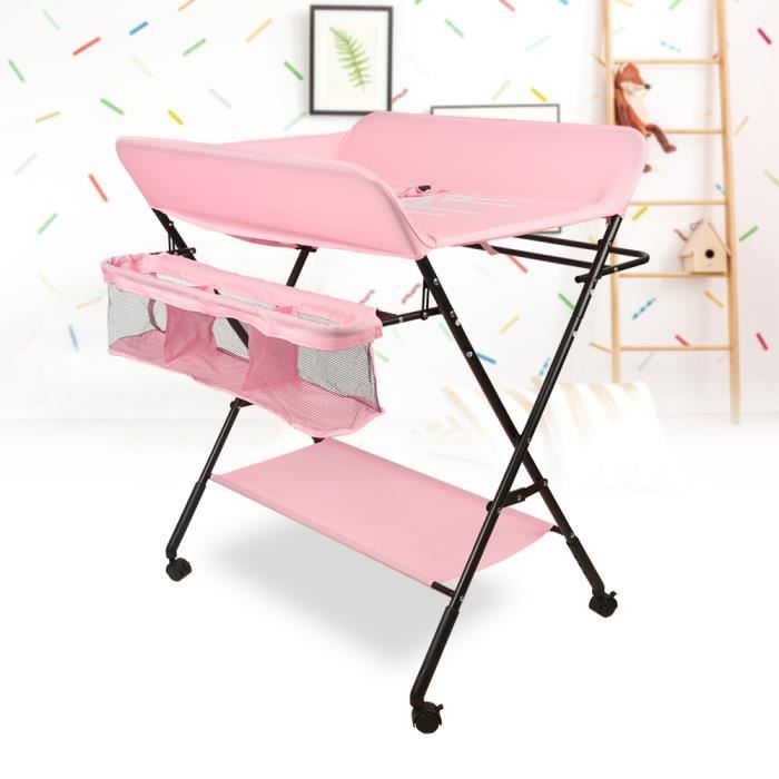 HSTURYZ Table à Langer à Roulettes Pliable et Portable pour Nouveau-Nés et Bébés avec Panier de Rangement Rose