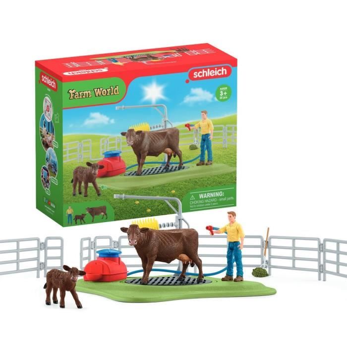 station de lavage pour vache, coffret de jeu avec 1 figurine de vache, 1 veau et 1 figurine humaine - schleich 42529 farm world