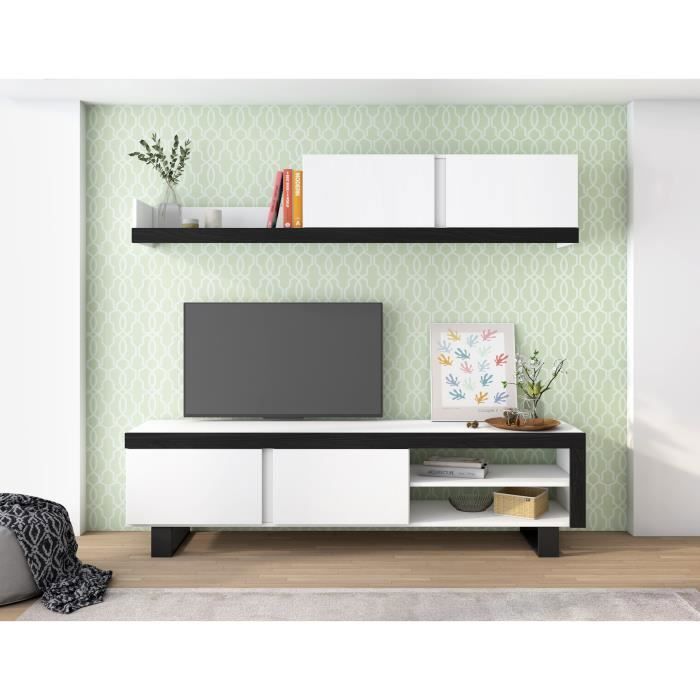 Salon IDEM composé par un meuble tv bas avec pieds et une étagère murale couleur Blanc et Noir 200x180x40cm Salon IDEM composé par un meuble tv bas avec pieds et une étagère murale couleur Blanc et Noir 200x180x40cm