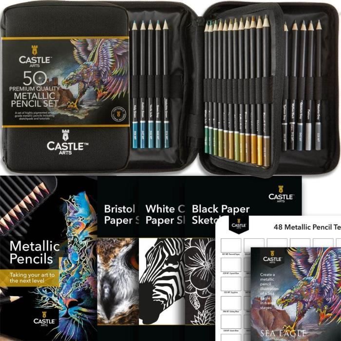 Castle Art Supplies Set de 48 Crayons de Couleur Métallisés Tons Scintillants, Mines en Cire