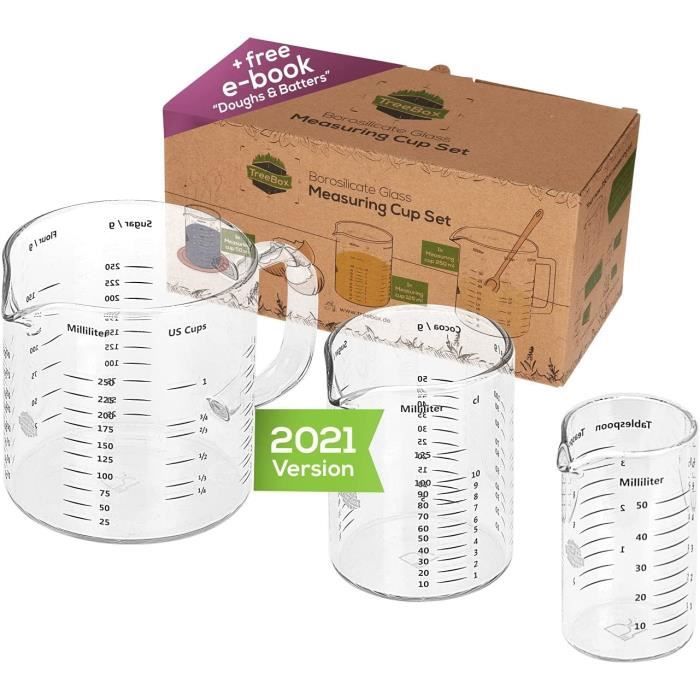 TreeBox - Lot De 2 Verres Doseurs En Verre Borosilicate 1L & 500ml - Avec Couvercle Bambou