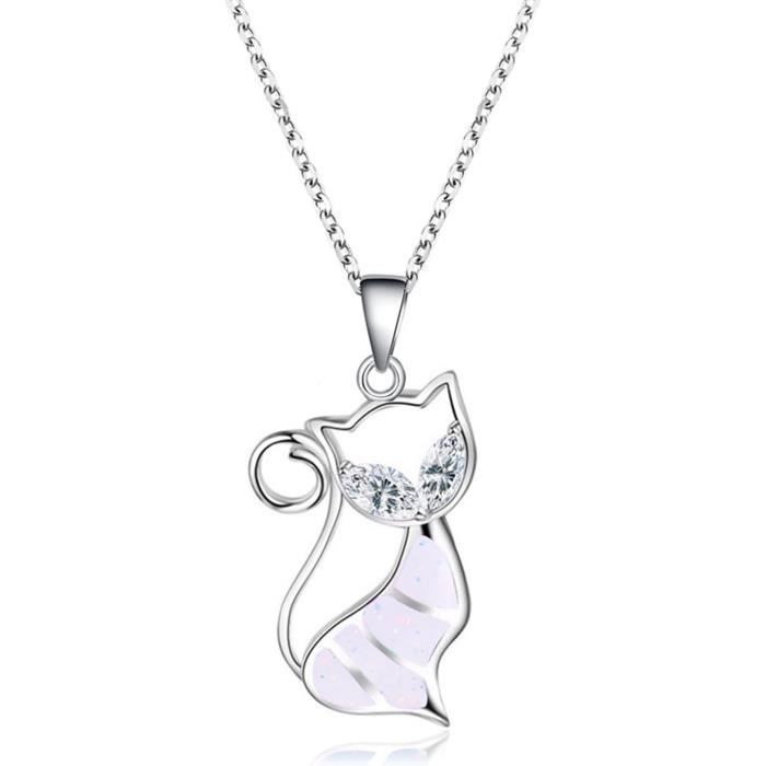 Collier Pendentif Chat En Opalite Et Cristal - Bijou Bohème Argenté - Neuf