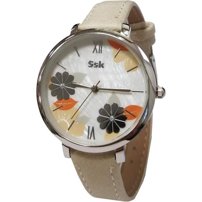 Montre Femme Dani Danicci 4081 - Boîtier Acier, Cadran Floral, Bracelet Cuir Blanc
