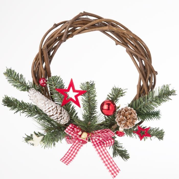 Couronne de Noël en rotin tressé 30cm avec décoration sapin, pomme de