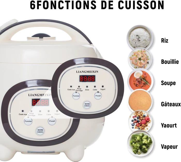 LIANGMEIXIN Cuiseur de Riz (Rice Cooker) - Cuiseur Vapeur pour 1-3 Personnes -Fonction Minuterie de 24 Heures (1 litre, 6 tasses) Multicuiseur, Automatique, Sans Surveillance, Compact, Nettoyage Facile LIANGMEIXIN Cuiseur de Riz (Rice Cooker) - Cuiseur Vapeur pour 1-3 Personnes -Fonction Minuterie de 24 Heures (1 litre, 6 tasses) Multicuiseur, Automatique, Sans Surveillance, Compact, Nettoyage Facile