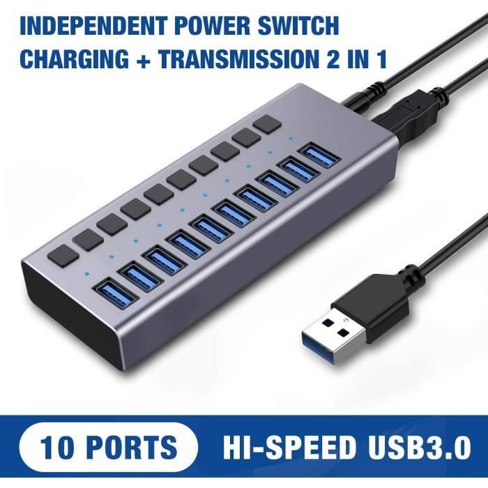 Hub USB Alimenté, Hub de Données USB 3.0 à 10 Ports 48W avec