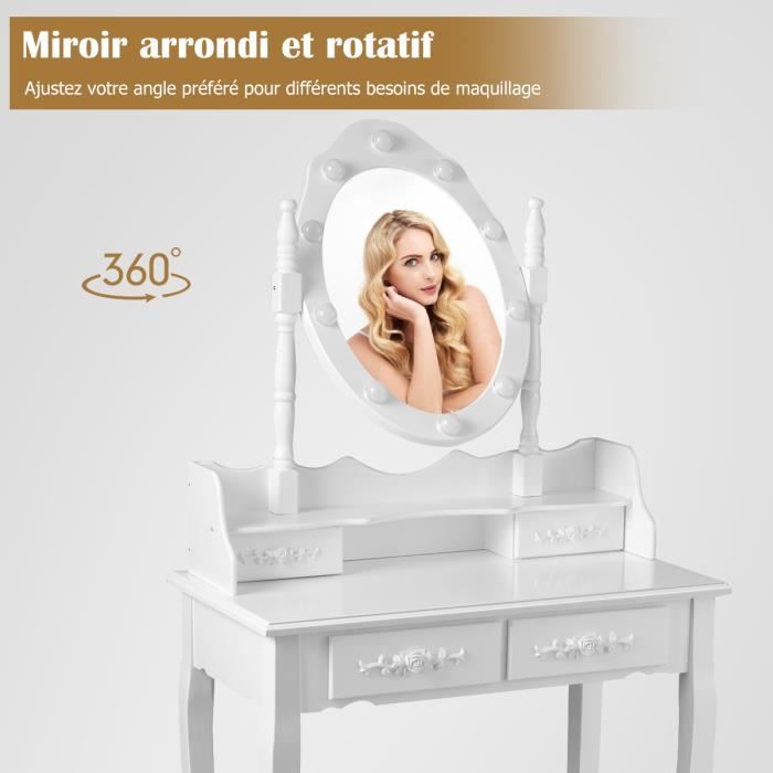 Coiffeuse,table de maquillage avec miroir oval et 10 ampoules led à  intensité variable