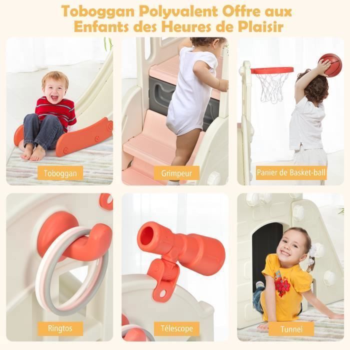 10 en 1 Toboggan Enfant Pliable en HDPE avec Balançoire & Panier de Basketball, Aire de Jeux avec Télescope & Volant & Échelle, pour 1 an+, Rose | Leroy Merlin