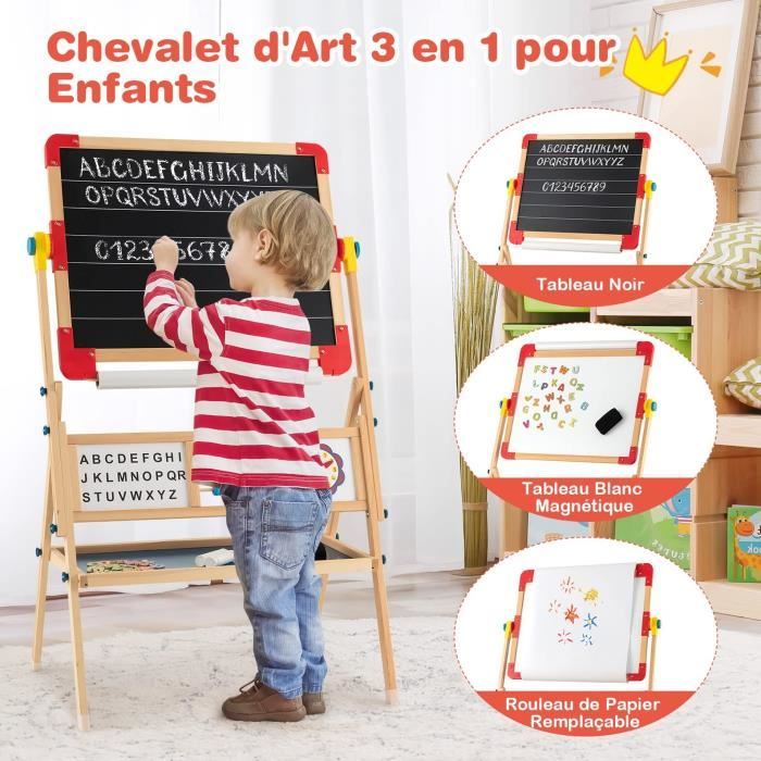 Chevalet Enfant 3 En 1 Réglable - Tableau Blanc, Noir Et Rouleau Papier - Avec Accessoires éducatifs