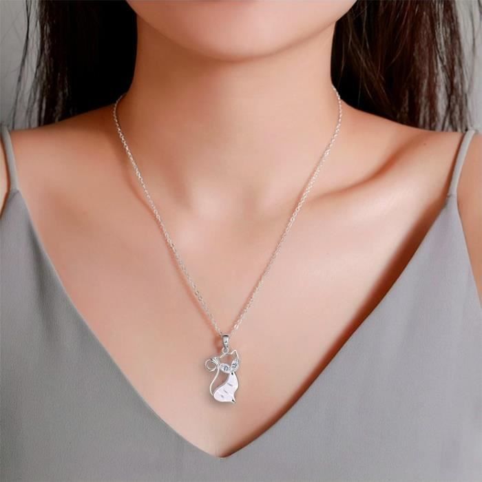 Collier Pendentif Bohème Chat En Opalite Et Cristal - Argenté - Longueur 60cm - Neuf