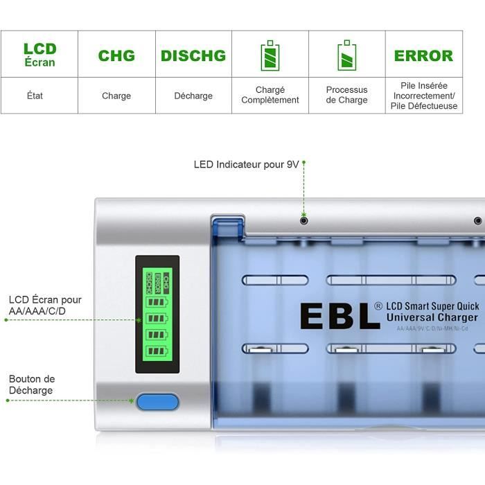 Chargeur de batterie EBL chargeur de piles rapide lcd, chargeur universel  pour aa/lr6, aaa/lr3, c/r14, d/r20 ni-mh piles rechargeables avec entrée  type c micro usb, charge
