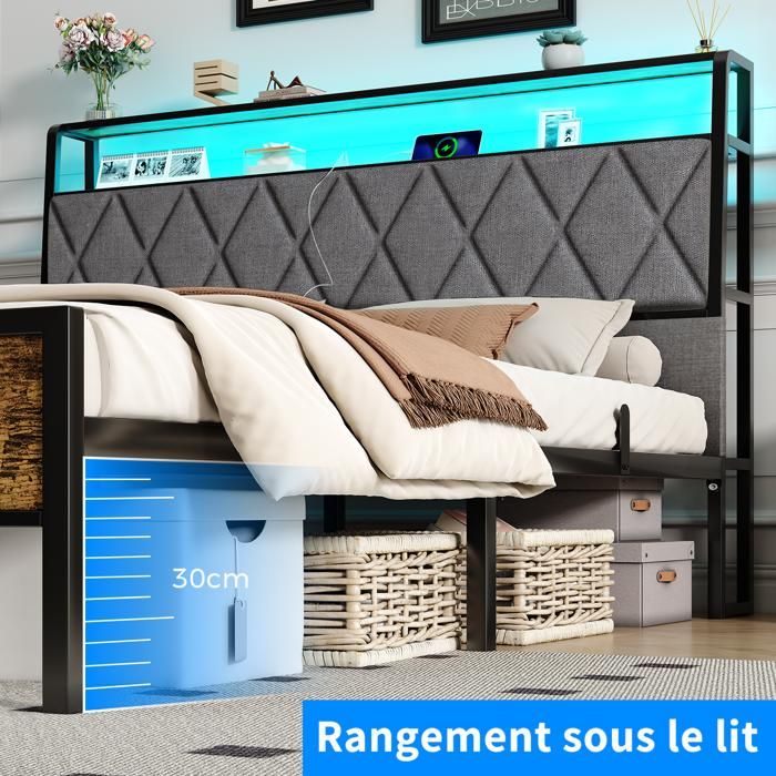 Lit Double 140x190 Avec Sommier Métal, LED RGB Et Rangement – Cadre Moderne, Sans Matelas, Noir