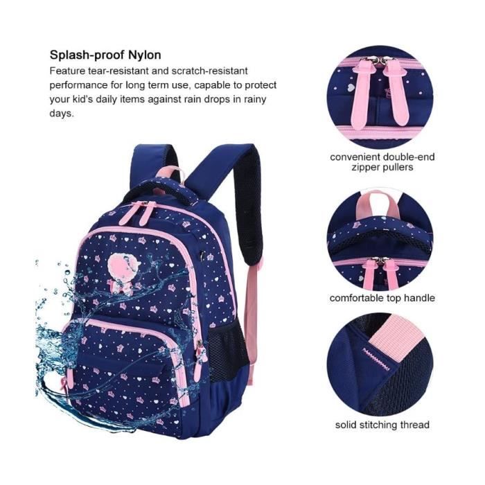 Sac à Dos Scolaire Pour Fille 7-16 Ans – Nylon Imperméable, Léger, Respirant, Multipoches