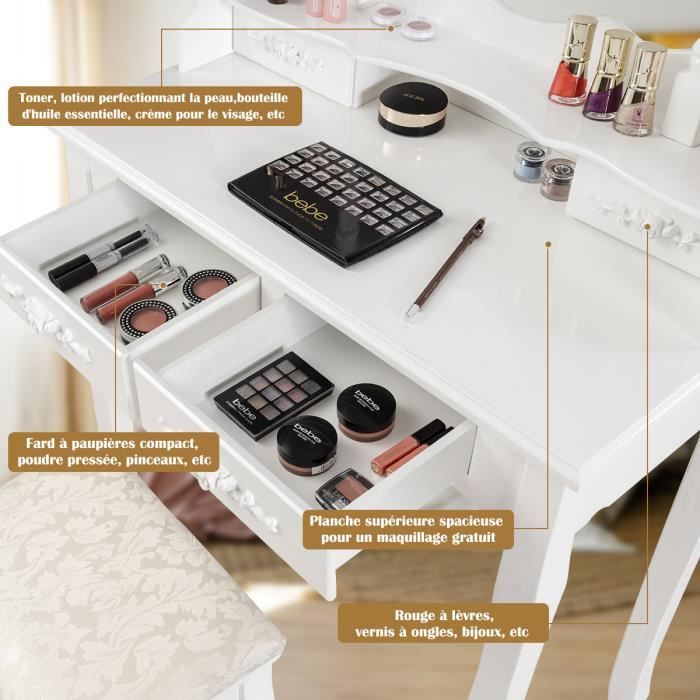 Coiffeuse Avec Miroir Pivotant 360° Et 5 Tiroirs - Bureau Maquillage, Rangement | Tabouret Inclus, Blanc