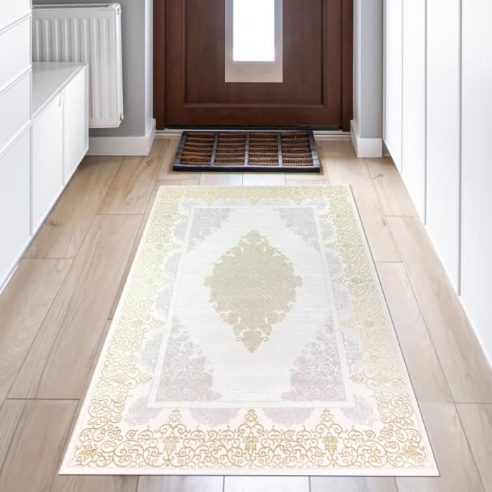 KeletiRug Tapis Doux Grand Antidérapant Lavable Déco Salon Chambre Maison Tapis Abstrait Géométrique Bleu-Gris-Jaune Doré,80 X 120 Cm