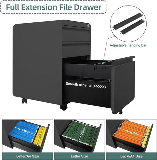 Caisson De Bureau Métal 3 Tiroirs Avec Roulettes - Rangement Documents, Dossier Suspendu | 45x39x60cm Blanc