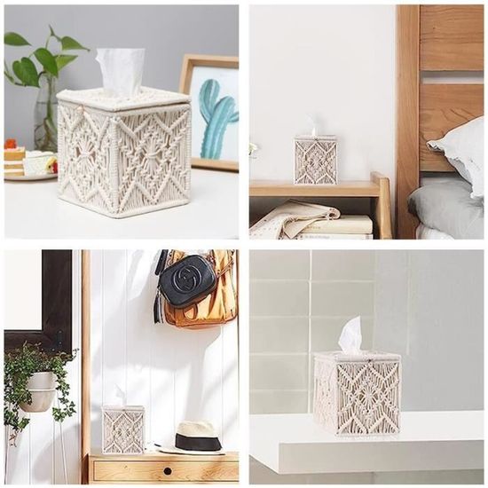 Mkono Housse Boîte à Mouchoirs Carrée Macramé Bohème Ivoire – Fait Main, Fond Ouvert, Déco Chic Salle De Bain & Salon