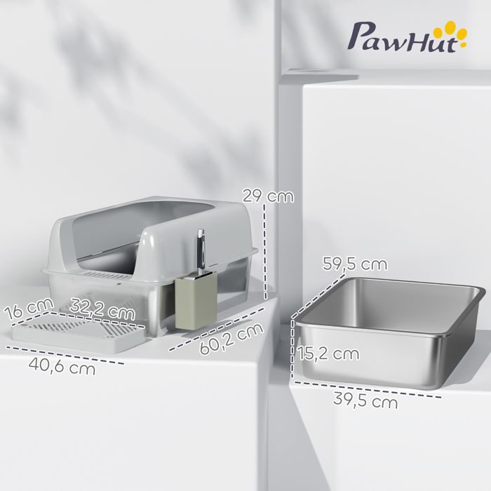 Bac à Litière Fermé XL En Acier Inoxydable Pour Grand Chat (jusqu'à 7kg) - 80L, Double Entrée, Anti-odeurs, Avec Pelle - 60x40x38 Cm, Gris Foncé