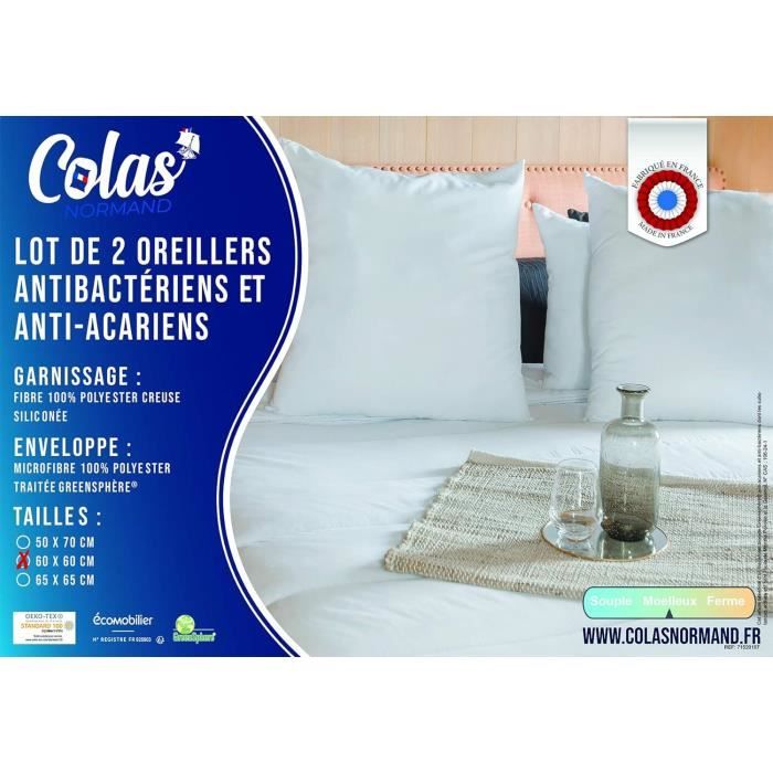 Dodo - Lot De 2 Oreillers Confort Protect - Anti-acariens - Moelleux 60x60  Cm à Prix Carrefour