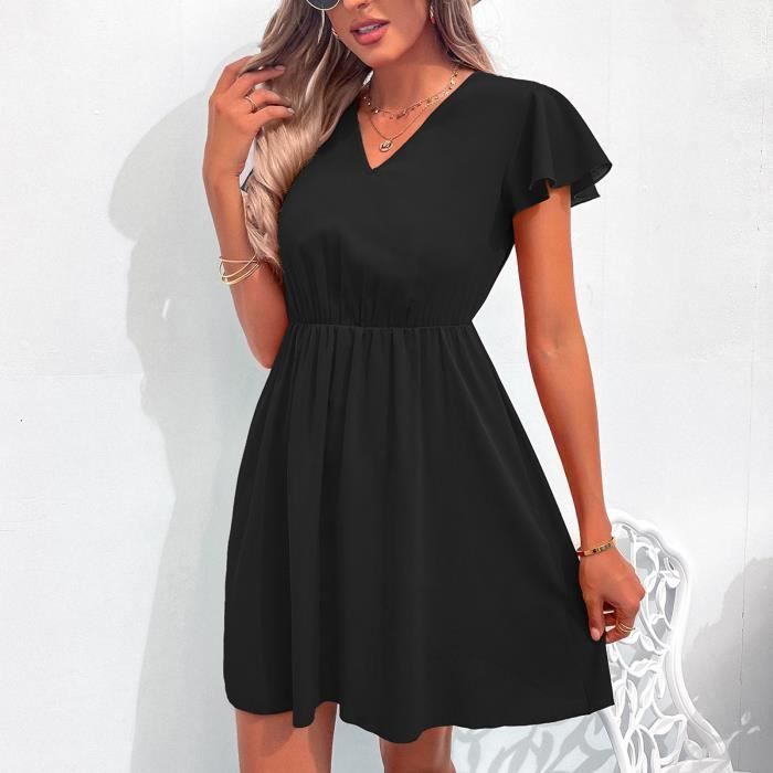 SURENHAP Robe a manches flottantes pour femmes Femmes Flutter manches robe col en V dos croise taille elastique vetements robe Cdiscount Pret a Porter