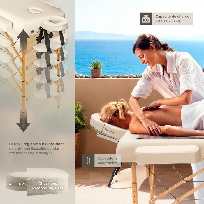 Table De Massage Pliante 3 Zones – Crème Avec Porte-Rouleau – Lit Esthétique Professionnel Ou Maison