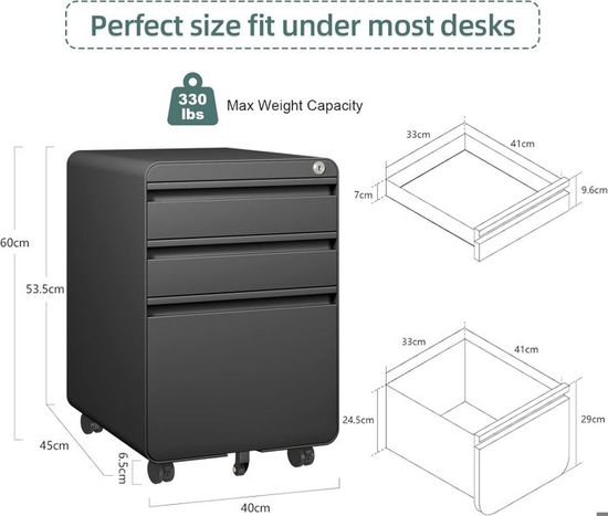 Caisson De Bureau 3 Tiroirs Dripex Métal Avec Roulettes - 45x39x60 Cm, Rangement Documents, Serrure, Idéal Pour Bureau à Domicile