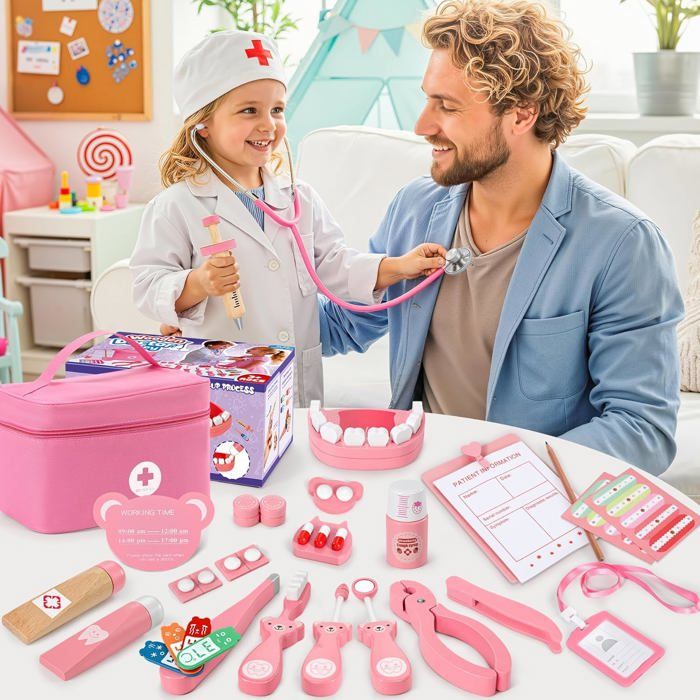 Malette Docteur ZUSUZU En Bois – 46 Pièces, Stéthoscope Fonctionnel, Sac Rangement – Cadeau Enfant Dès 3 Ans (bleu)