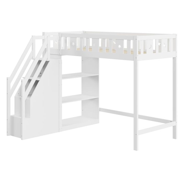 Lit Mezzanine Enfant 90x200 Avec Escalier Rangement, Armoire, 2 Tiroirs - Blanc/pin, Barrière Haute