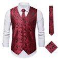 Gilet Costume Homme Classique Paisley Floral Avec Cravate Et Mouchoir De Poche - Regular Fit - Sans Manches - Rouge-0