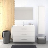 Meuble de salle de bain - Ensemble avec lavabo, miroir et lumière LED - 3 tiroirs - Blanc