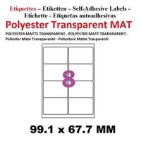 Planches de 8 étiquettes Transparentes 99,1 x 67 mm Autocollantes en Polyester Transparent Mat pour Imprimante Laser Résistantes à