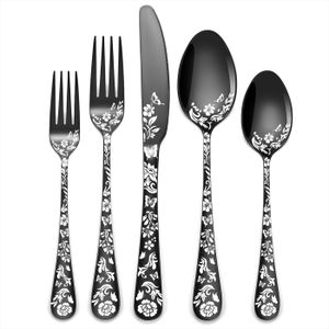 30Pièces Ménagère Noire en acier inoxydable, Couvert de table pour 6 personnes, motif floral, pour la maison et le restaurant