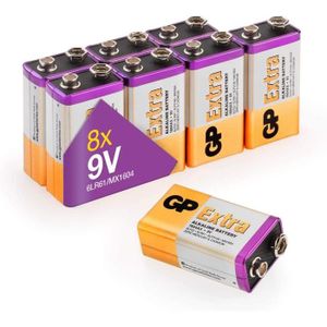 PILES Piles 9V - Lot de 8 Piles | GP Extra | Batterie 9v alcaline 6f22-6lr61 |Longue durée, très puissantes, utilisation quotidienne