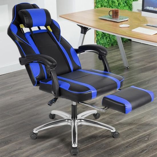 Bleu et Noir - Fauteuil gamer Chaise de bureau, Dossier réglable (90-175°) 
